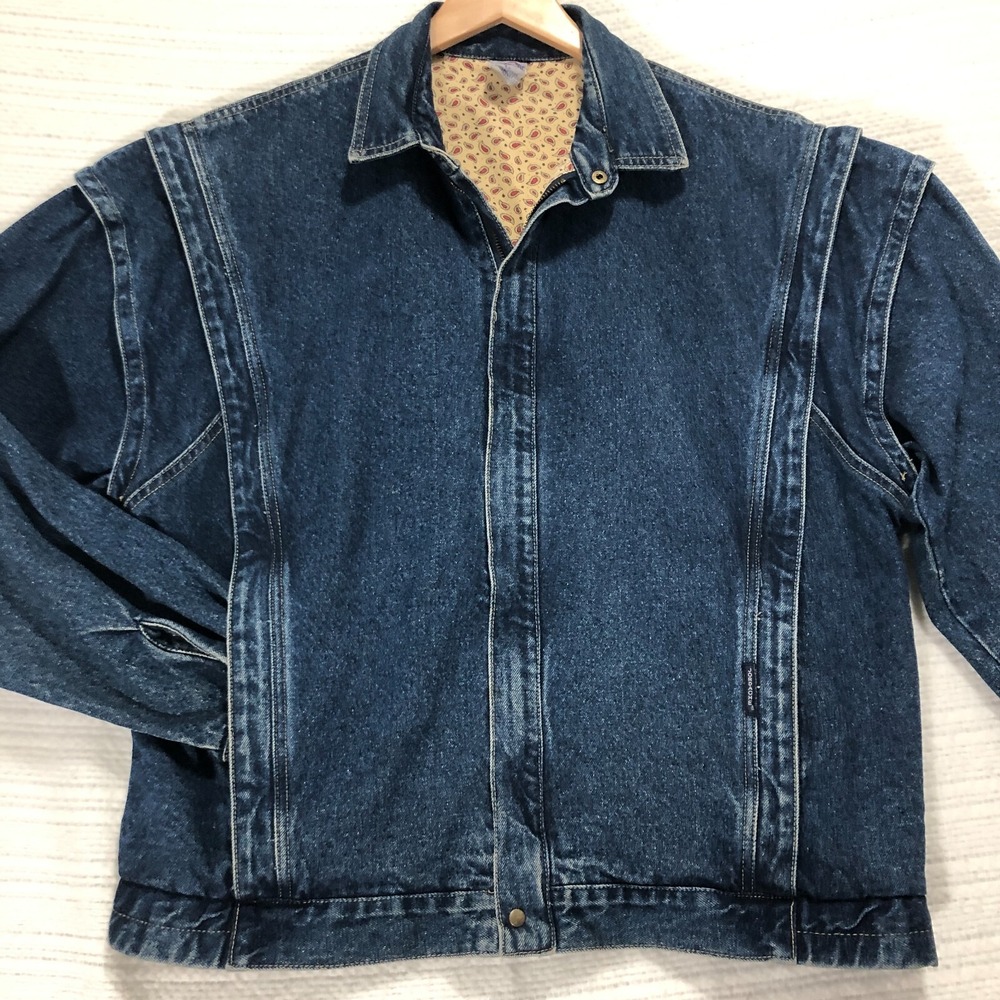 Vintage Jordache Denim Jacket Blue Paisley Lined Layered Shoulder Mens Large L